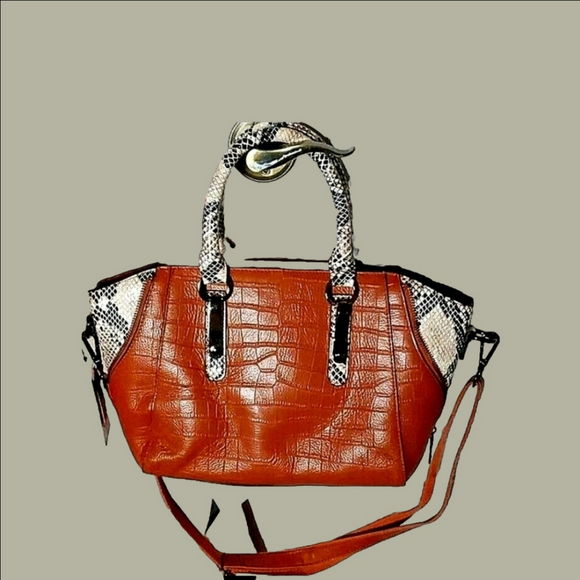 Hong Kong Closeout Handbags - Genuine Leather Reptile Embossed Handbag Snake Accents